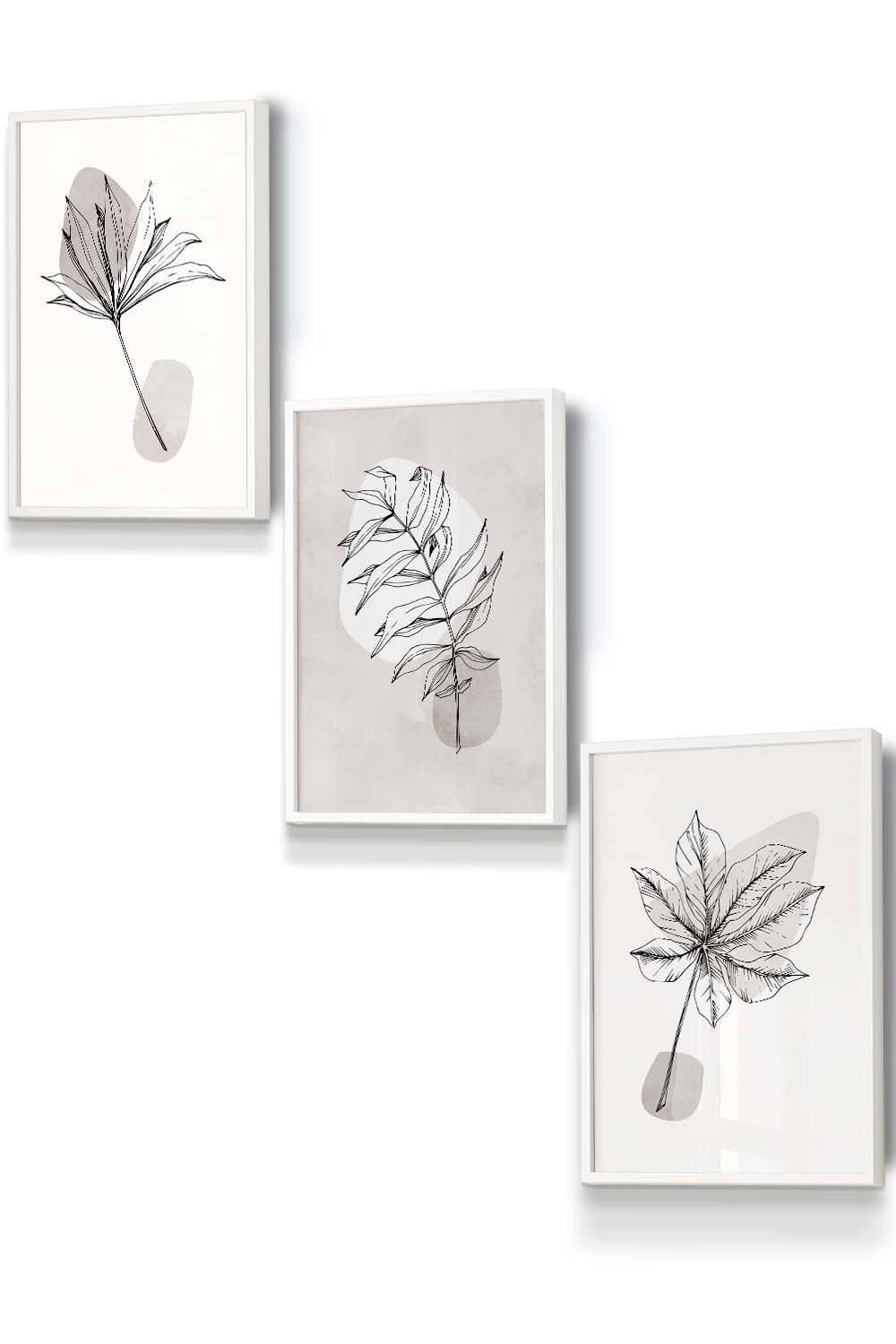 Set of 3 White Framed Grey and Beige Botanical Sketch Leaves Wall Art